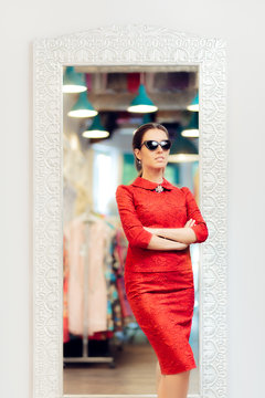 Woman in Red Suit in Fashion Store