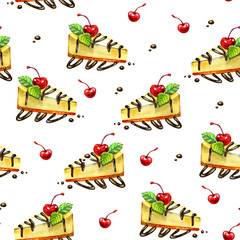 Seamless pattern of Cheesecake. Hand-drawn watercolor art.