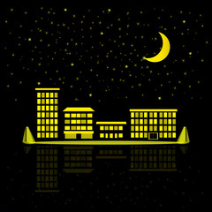 Night sky with stars, moon and silhouette of city. Night city illustration with houses, buildings, block of flats. Background for kids illustration and baby card.
