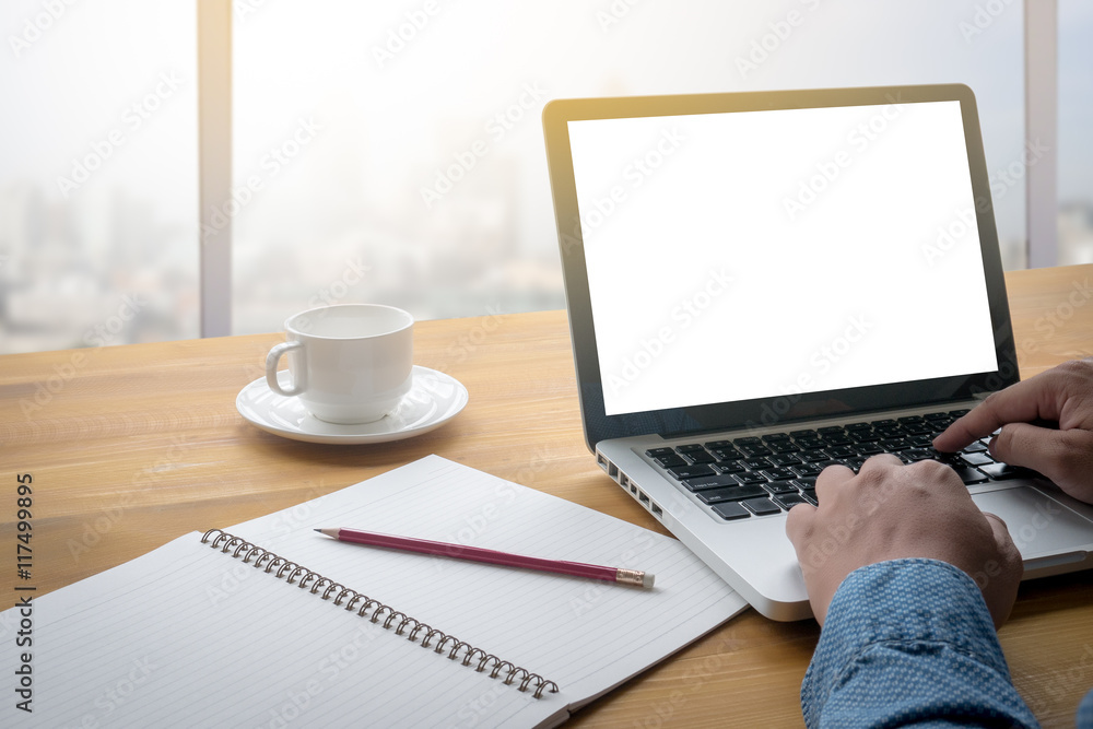 Poster computing computer laptop with blank screen on table
