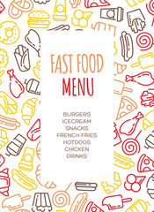 Fast food menu. Set of cartoon vector background.