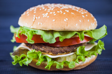 street food delicious cheeseburger with tomato and salad closeup