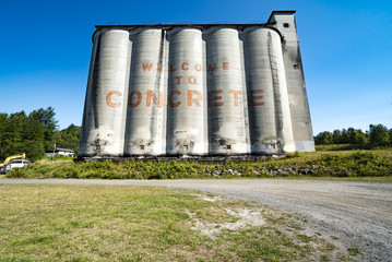 City of Concrete in Washington State. Old Mixing Towers Have Been Re-Purposed as a Welcome Sign