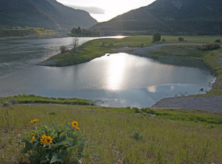 Snake River under cumulus cloud sky in Alpine Wyoming USA