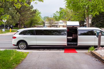 White limousine with inviting open door - obrazy, fototapety, plakaty