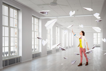 Girl in office interior  . Mixed media