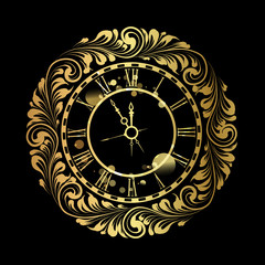 Happy new year golden clock over black background. Old clock with roman numbers.