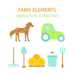 Cartoon farm elements. Flat argiculture collection.