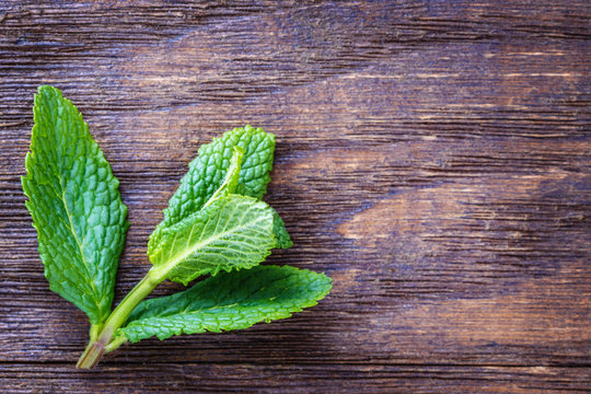 Leaves Of Mint On A Wooden Table