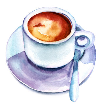 Retro watercolor coffee drawing on white background