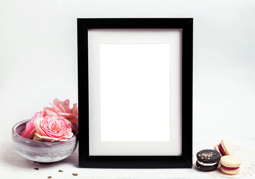 Mock up with frame and pink roses