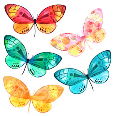 Set of watercolor butterflies with different textures, isolated