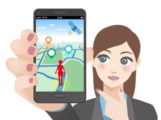 smart phone game application using location information, young woman holding smart phone and pointing screen, vector illustration