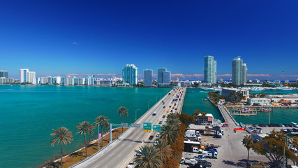 Miami skyline from the air with MacArthur Causeway