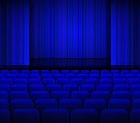 Open theater blue curtains with light and seats.