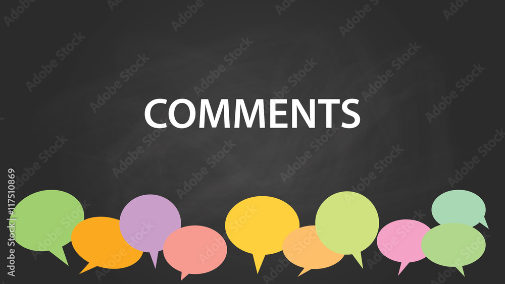 Poster comments with blackboard and colourfull comment bubble with chalkboard effect vector graphic