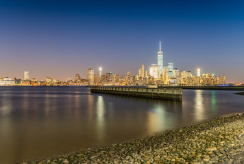 Downtown Manhattan at night from Jersey City, USA
