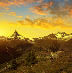 Beautiful mountain landscape at sunset. Matterhorn and Gabelhorn in Pennine alps, Switzerland.