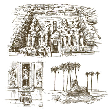 Egyptian monuments. Abu Simbel Temple of Rameses II. Hand drawn