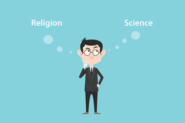 religion or science concept with businessman standing confuse to choose between two option vector graphic