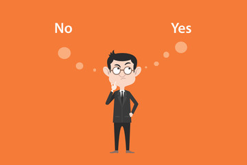 yes or no concept with businessman standing confuse to choose between two option vector graphic