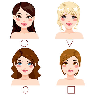 Different women with different face shape types and hairstyles