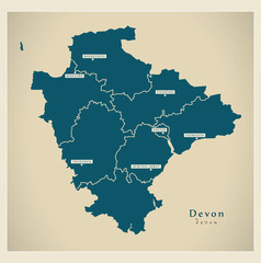 Modern Map - Devon with districts UK