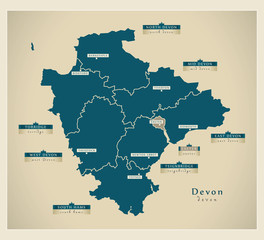 Fototapeta premium Modern Map - Devon county with districts and labels UK