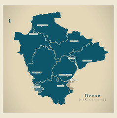 Modern Map - Devon county with unitaries and districts UK