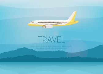 Airplane flies in the sky. Side view. Cartoon vector illustration