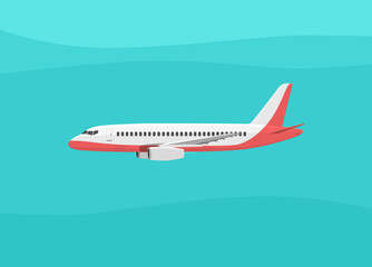 Airplane flies in the sky. Side view. Cartoon vector illustration