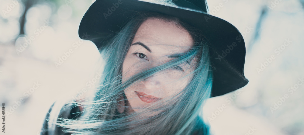 Sticker portrait of beautiful girl with blue hair