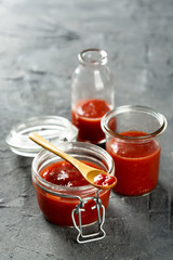 Homemade ketchup with tomatoes, chili and peaches