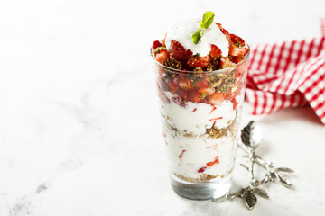 Homemade dessert with granola and berries