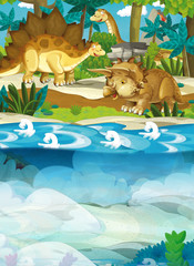 Cartoon happy dinosaur - triceratops diplodocus turtle and other underwater dinosaurs - illustration for the children