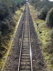 Obraz premium Straight railway line and bright green grass illuminated by low winter sunshine
