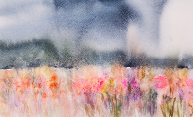 Beautiful landscape of colorful flower field, watercolor painting