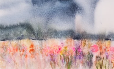 Foto op Canvas Beautiful landscape of colorful flower field, watercolor painting © guykantawan