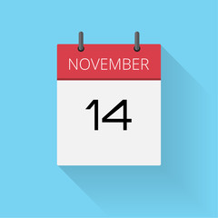 November 14, Daily calendar icon, Date and time, day, month, Holiday, Flat designed Vector Illustration