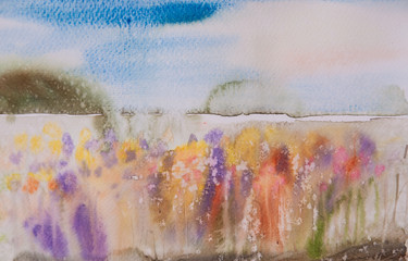 Colorful field of multi flowers , Abstract watercolor painting