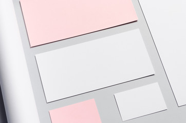 Branding / Stationery Mock-Up - Pink & White. Close-up 

Letterhead (A4), DL Envelope, Compliments Slip (99x210mm), Business Cards (85x55mm), Mailing Tube