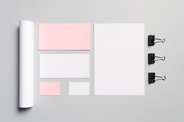 Branding / Stationery Mock-Up - Pink & White 

Letterhead (A4), DL Envelope, Compliments Slip (99x210mm), Business Cards (85x55mm), Mailing Tube - obrazy, fototapety, plakaty