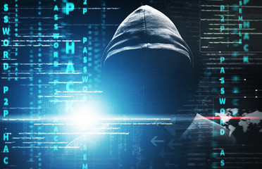 hacker at work with graphic user interface around