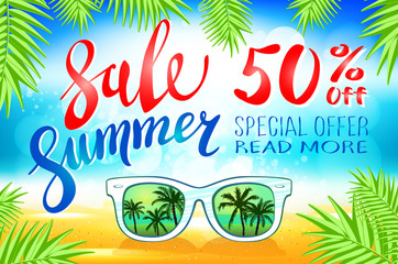 Summer sale lettering on blue background. Vector illustration EPS10