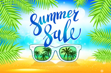 Fototapeta na wymiar Summer sale lettering on blue background. Vector illustration EPS10