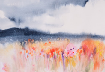 Kolorowe pola wielu kwiatów, abstrakcyjne malarstwo akwarela - 117517852