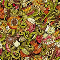 Cartoon hand-drawn doodles of cafe, coffee shop seamless pattern