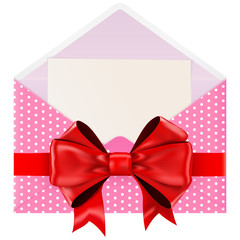 Pink envelope decorated with red ribbon bow. Polka dot pattern
