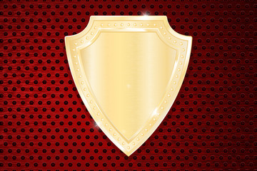 Golden shield on red perforated background