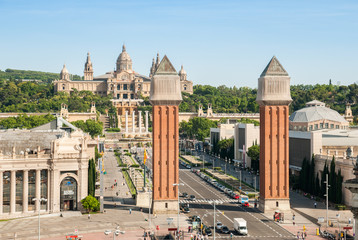 Fototapeta premium Venetian Towers and National Palace on Plaza de Espana in Barcel